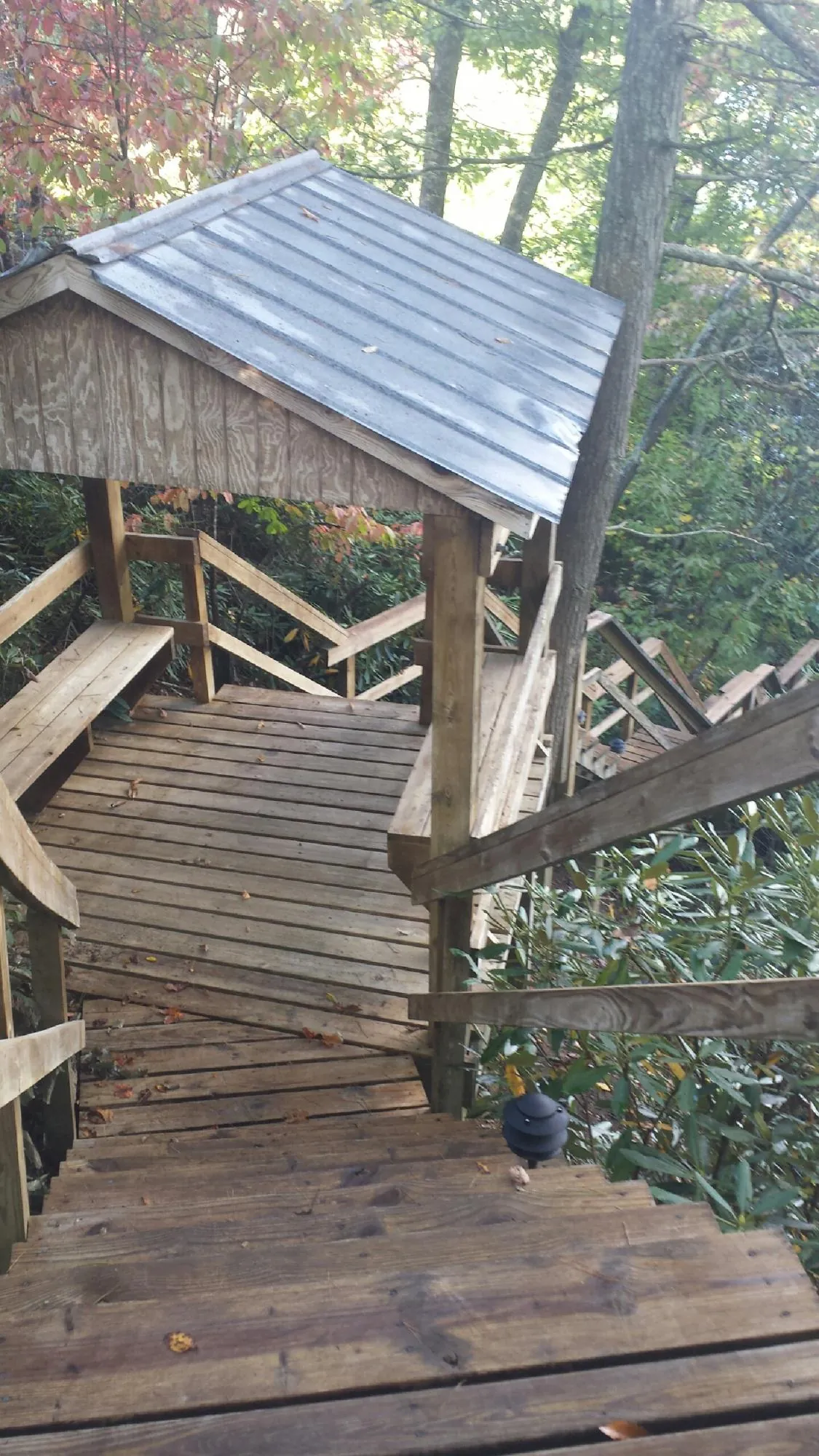 Metal roofed shelter over wooden steps on a wooded walkway — Skylight Repair & Installation work by our crew in Halbur